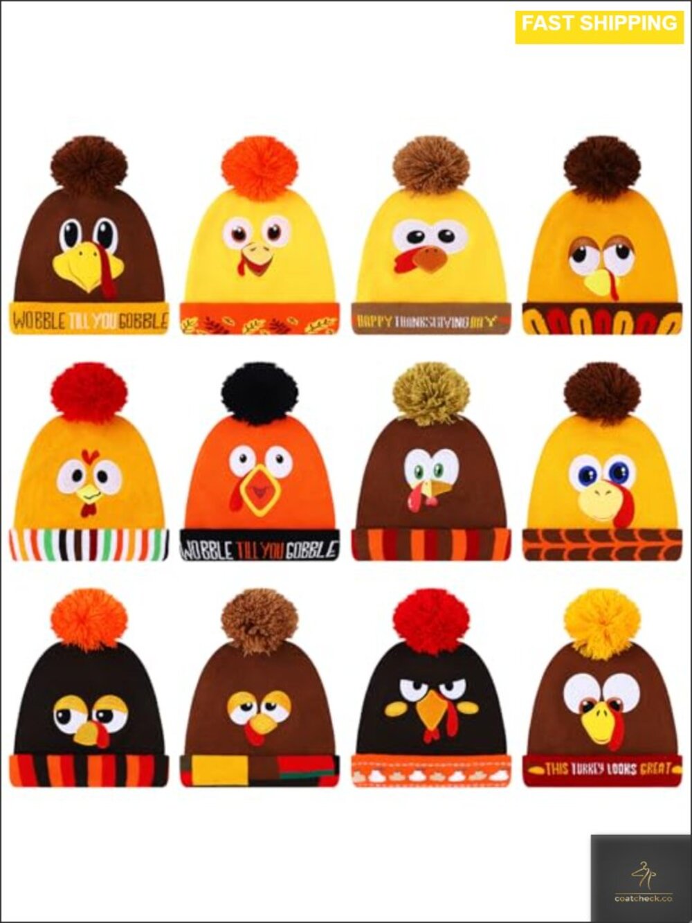Turkey Trot Beanie Hat Thanksgiving Knit Pom Pom One Size Unisex